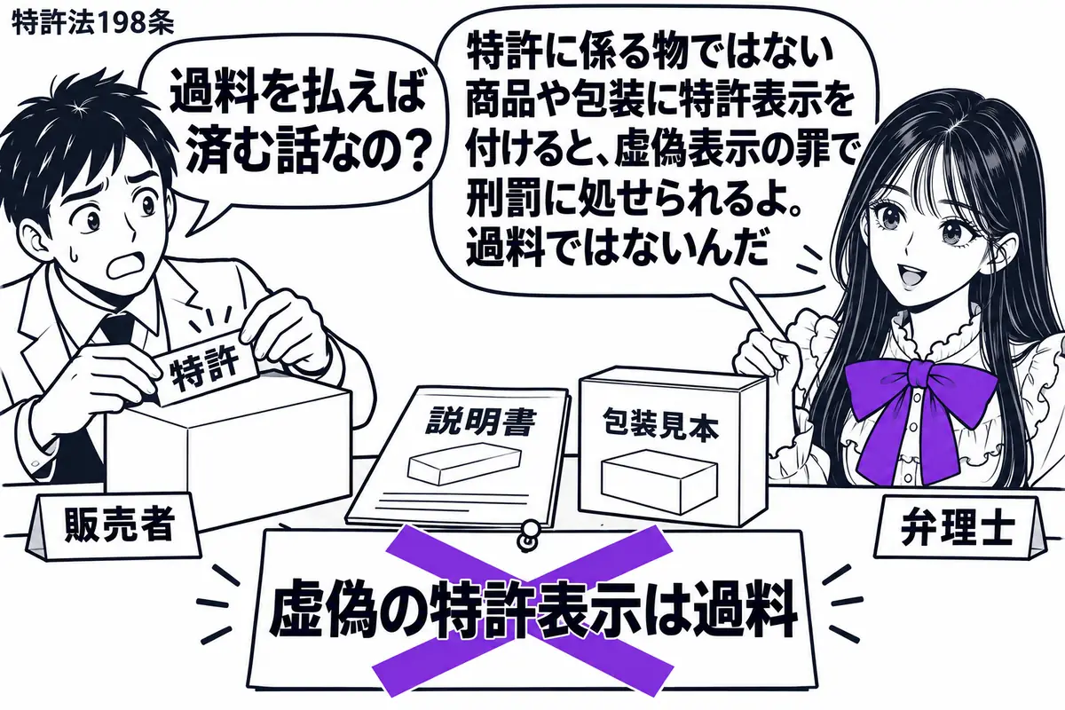 先生が右の相談机に立つ弁理士役（札「弁理士」）。左の男性（札「販売者」）が、特許に係る物ではない商品の箱に「特許」の表示を貼っている。机には商品の説明書と包装見本。「虚偽の特許表示は過料」の付箋に大きなヴァイオレットの×印。先生の吹き出し「