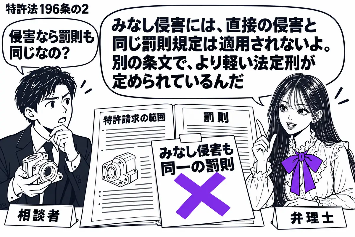 先生が右の相談机にいる弁理士役(札「弁理士」)。左に部品を持つ男性(札「相談者」)。机には特許請求の範囲と罰則の資料を開き、資料に貼った「みなし侵害も同一の罰則」の付箋に大きなヴァイオレットの×印。先生の吹き出し「みなし侵害には、直接の侵害