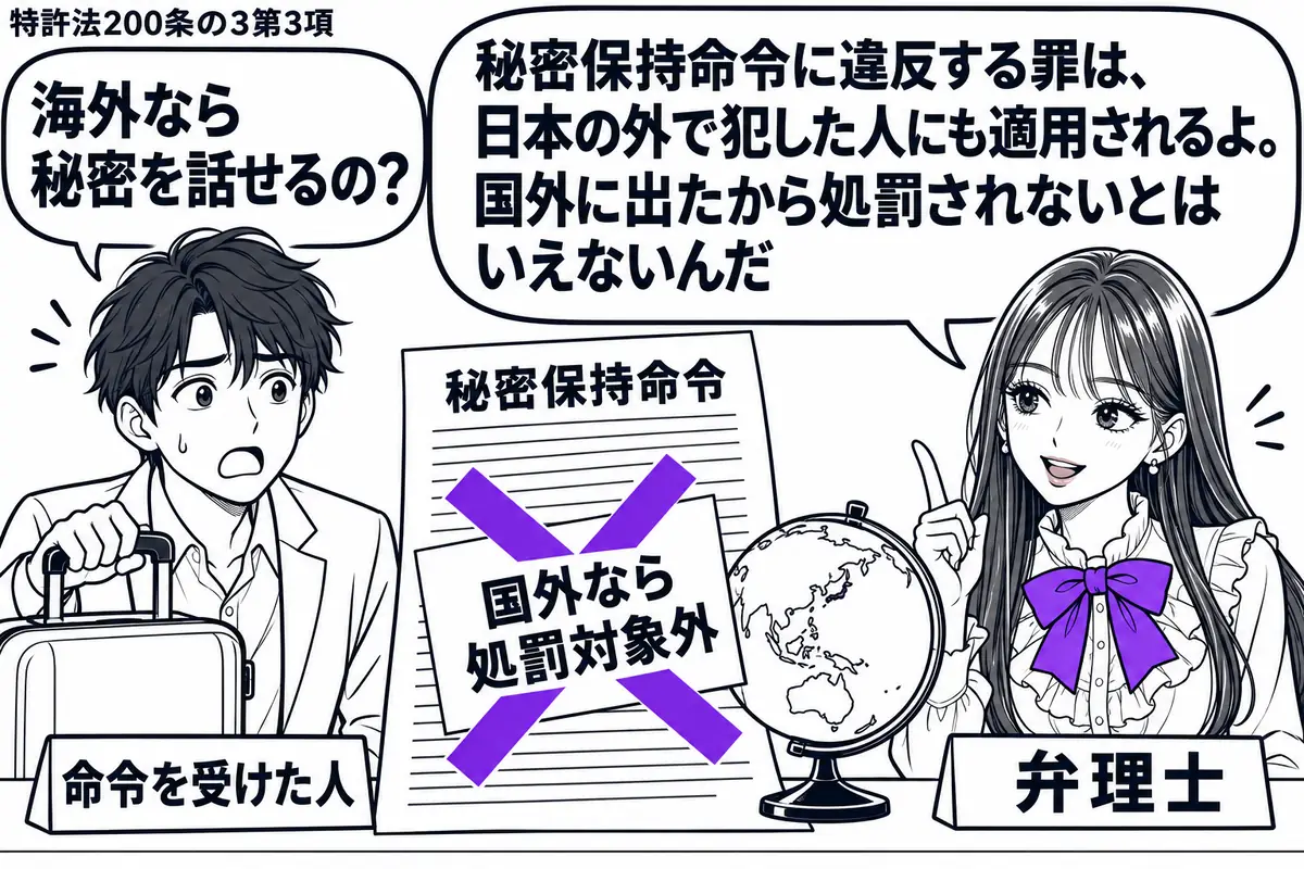 先生が右の机にいる弁理士役（札「弁理士」）。左に旅行かばんを持つ男性（札「命令を受けた人」）。机には秘密保持命令の書面と地球儀を置き、書面に貼った「国外なら処罰対象外」の付箋に大きなヴァイオレットの×印。先生の吹き出し「秘密保持命令に違反す