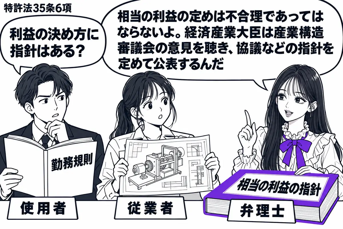 先生が右の相談机にいる弁理士役(札「弁理士」)。左に勤務規則を開く男性(札「使用者」)、中央に発明の図面を持つ女性(札「従業者」)。机の「相当の利益の指針」の冊子をヴァイオレットの枠で囲む。先生の吹き出し「相当の利益の定めは不合理であっては