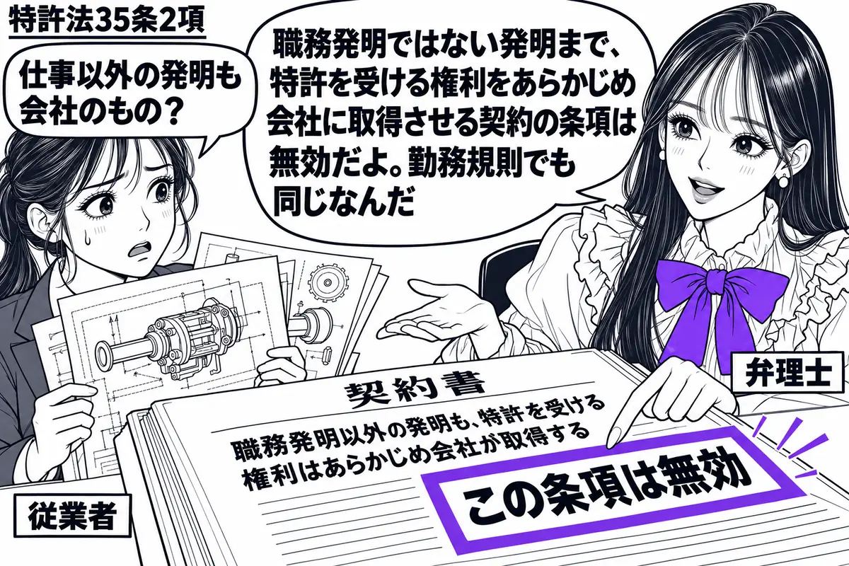 先生が右の相談机にいる弁理士役(札「弁理士」)。左に私的な発明の図面を抱える女性(札「従業者」)。机には職務発明以外も事前に会社へ帰属させる契約書を広げ、その条項に添えた「この条項は無効」の付箋をヴァイオレットの枠で囲む。先生の吹き出し「職
