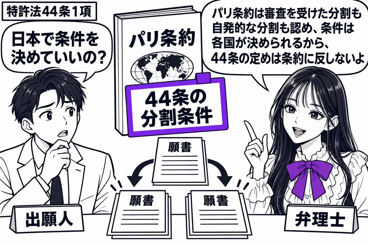 先生が右の相談机にいる弁理士役(札「弁理士」)。左の男性(札「出願人」)が、一つの願書から分けた二組の願書を机に並べる。背後にパリ条約の冊子を置き、「44条の分割条件」の付箋をヴァイオレットの枠で囲む。先生の吹き出し「パリ条約は審査を受けた