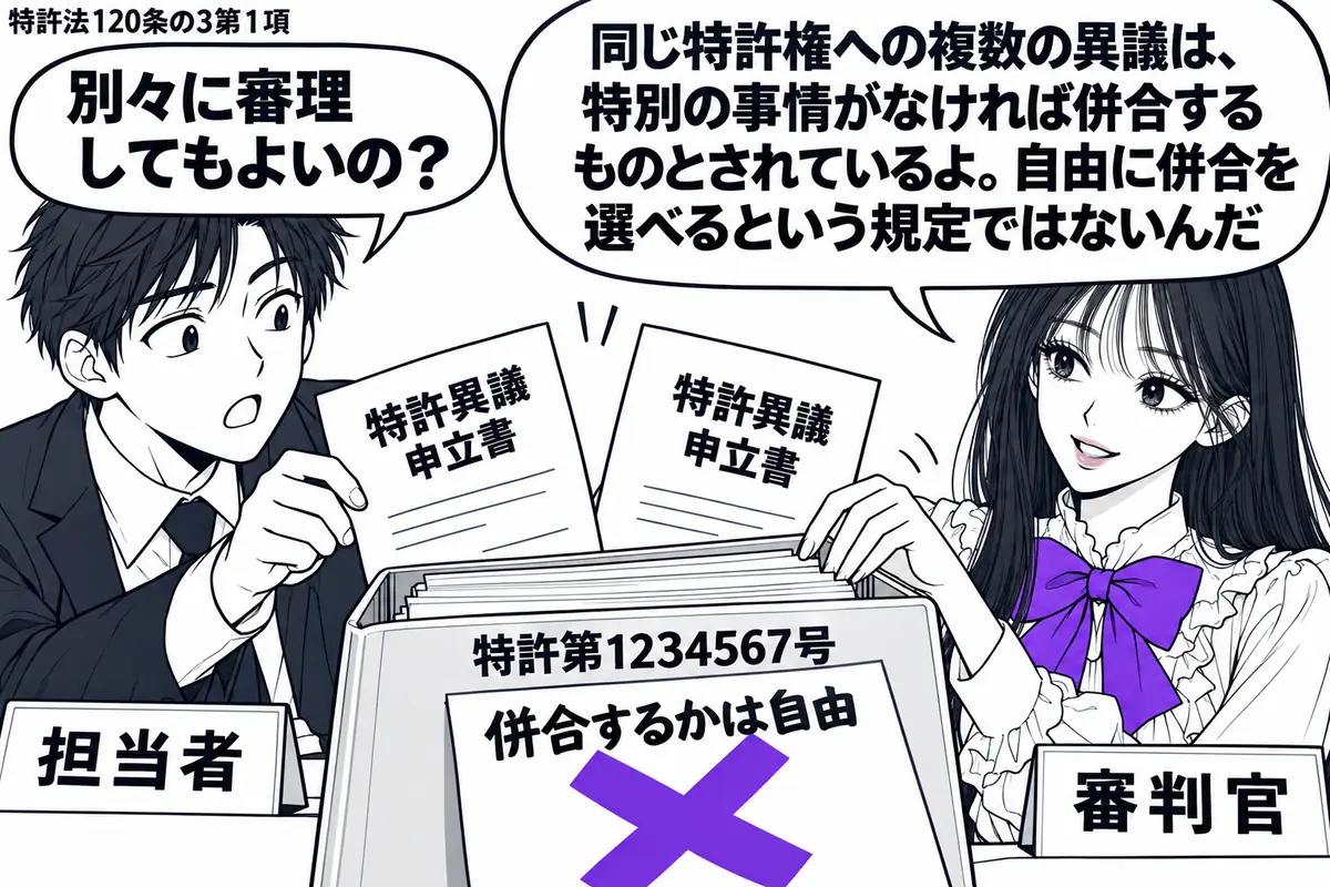先生が右の審理机にいる審判官役(札「審判官」)。左に二通の特許異議申立書を持つ男性(札「担当者」)。机には一つの特許番号の事件ファイルを置き、表紙に貼った「併合するかは自由」の付箋に大きなヴァイオレットの×印。先生は二通を同じファイルに収め