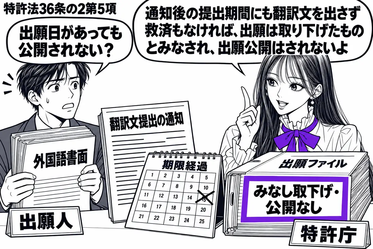 先生が右の窓口にいる特許庁役(札「特許庁」)。左の男性(札「出願人」)が外国語書面の束を抱える。机に翻訳文提出の通知と期限を過ぎたカレンダーを置き、出願ファイルの「みなし取下げ・公開なし」の付箋をヴァイオレットの枠で囲む。先生の吹き出し「通