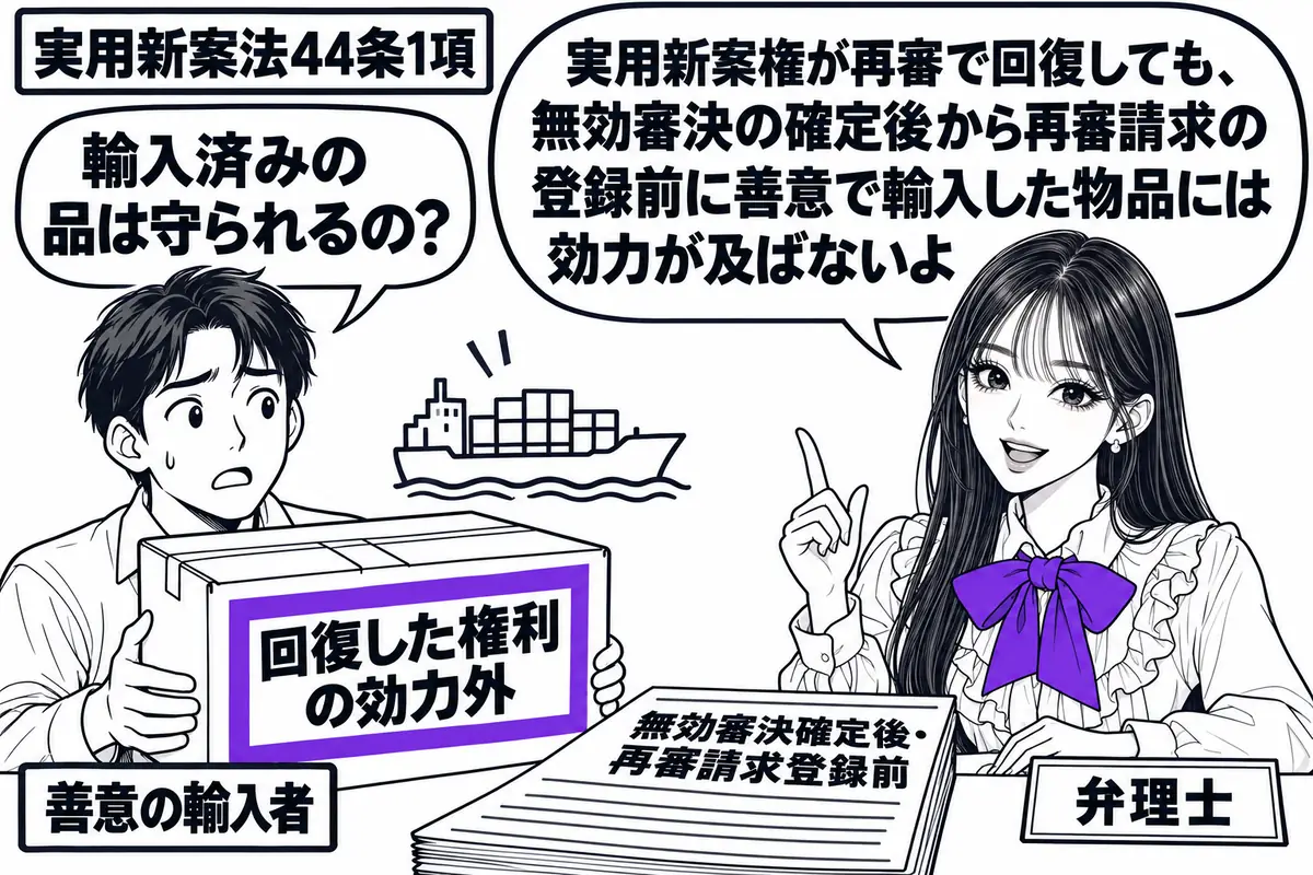 先生が右の相談机にいる弁理士役(札「弁理士」)。左に船から届いた物品の箱を抱える男性(札「善意の輸入者」)。机の輸入書類には「無効審決確定後・再審請求登録前」と記し、箱に付けた「回復した権利の効力外」の付箋をヴァイオレットの枠で囲む。先生の