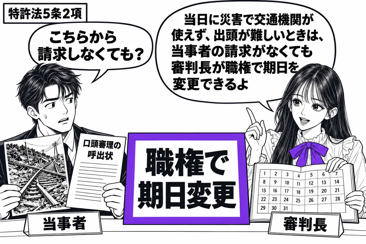 先生が審判長役(札「審判長」)で机の右。左の男性(札「当事者」)が、災害で線路が崩れた写真と口頭審理の呼出状を持つ。先生はカレンダーを開き、「職権で期日変更」と書いた通知書をヴァイオレットの枠で囲む。先生の吹き出し「当日に災害で交通機関が使