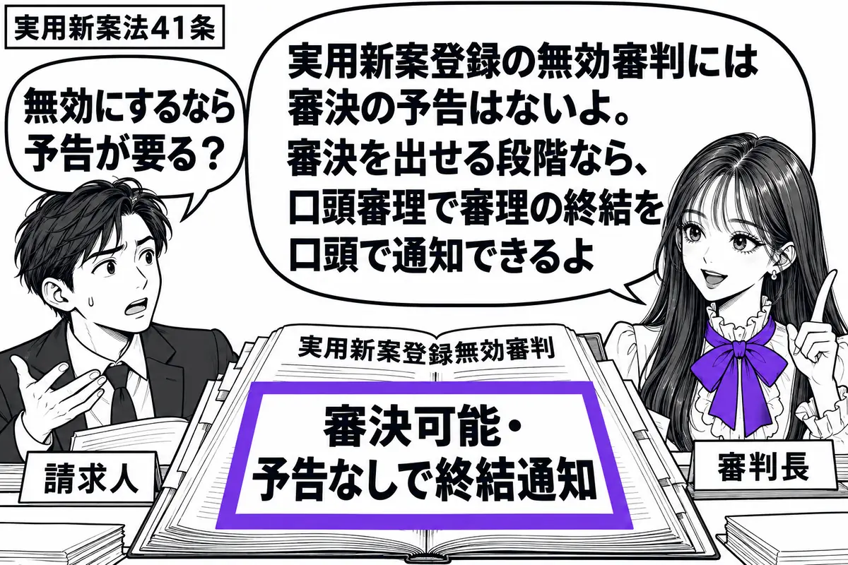 先生が右の審理机にいる審判長役(札「審判長」)。左に口頭審理に出席した男性(札「請求人」)。机に実用新案登録無効審判の事件記録を開き、「審決可能・予告なしで終結通知」のメモをヴァイオレットの枠で囲む。先生の吹き出し「実用新案登録の無効審判に