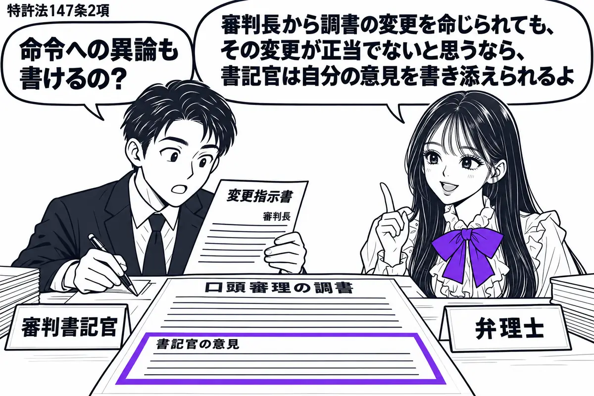 先生が弁理士役（札「弁理士」）で机の右。左の男性（札「審判書記官」）が審判長からの変更指示書を見ながら、口頭審理の調書にペンを添える。調書の末尾に設けた「書記官の意見」の欄をヴァイオレットの枠で囲む。先生の吹き出し「審判長から調書の変更を命