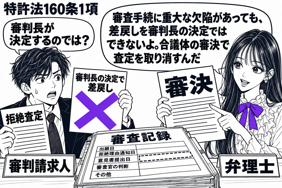 先生が弁理士役（札「弁理士」）で右側。左に「拒絶査定」を持つ男性（札「審判請求人」）、机には手続の欠落箇所が空欄になった審査記録。男性の「審判長の決定で差戻し」の付箋に大きなヴァイオレットの×印。先生は別の「審決」の書類を示す。先生の吹き出