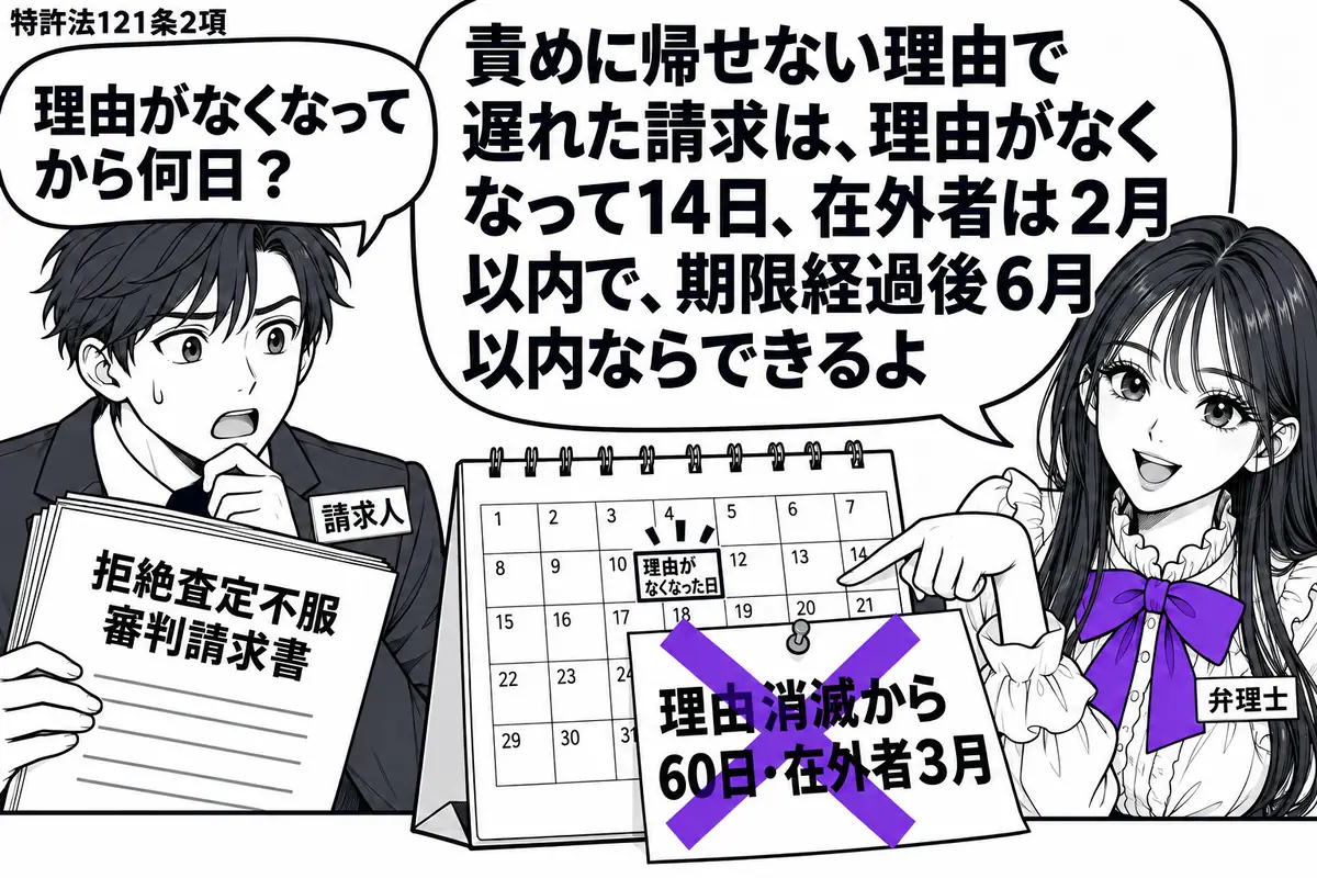 先生が弁理士役（札「弁理士」）で右側。左に「拒絶査定不服審判請求書」を持つ男性（札「請求人」）。机のカレンダーに貼った「理由消滅から60日・在外者３月」の付箋に大きなヴァイオレットの×印。先生が理由のなくなった日の欄を指す。先生の吹き出し「