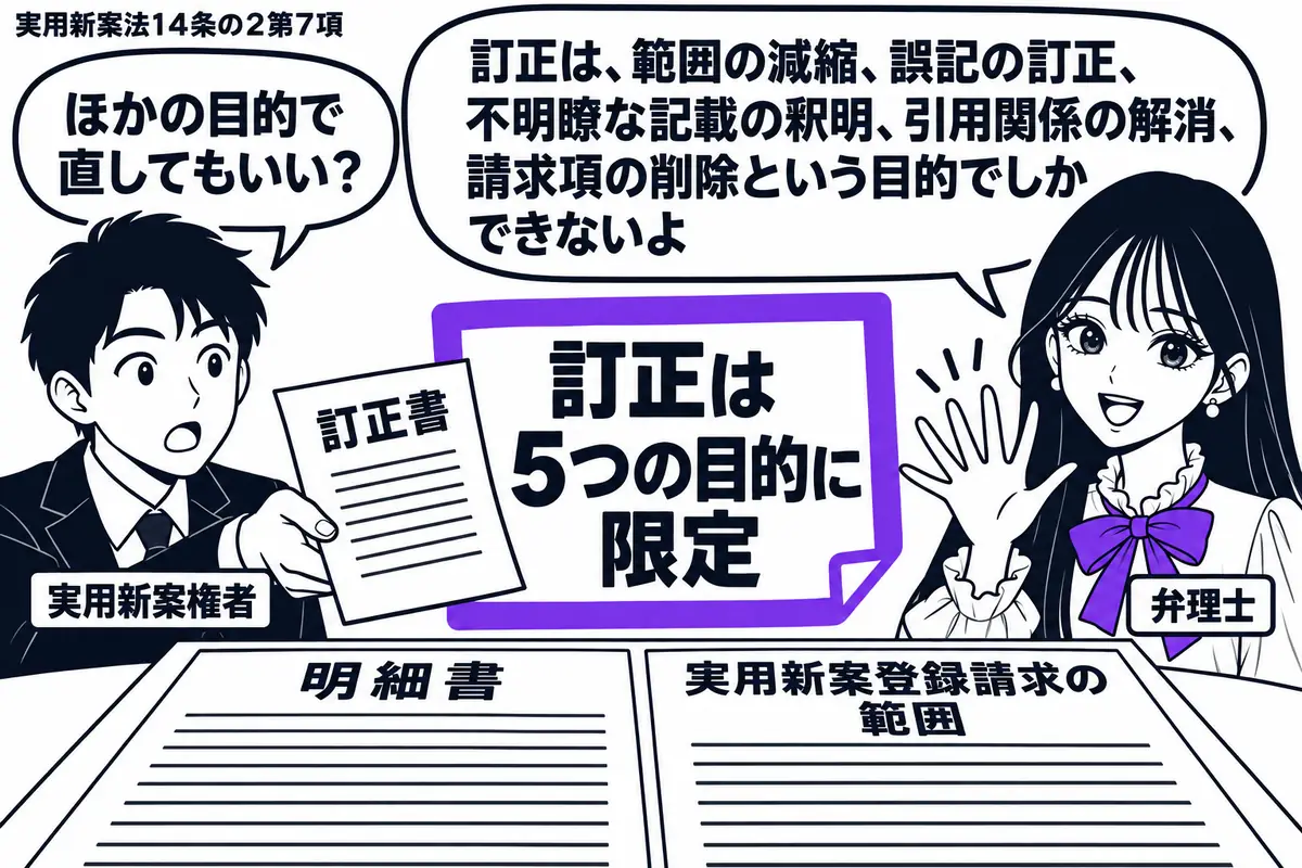 先生が弁理士役(札「弁理士」)で右側。左の男性(札「実用新案権者」)が「訂正書」を差し出し、中央に明細書と実用新案登録請求の範囲を広げる。「訂正は5つの目的に限定」の付箋をヴァイオレットの枠で囲み、先生が指で五つを数える。先生の吹き出し「訂