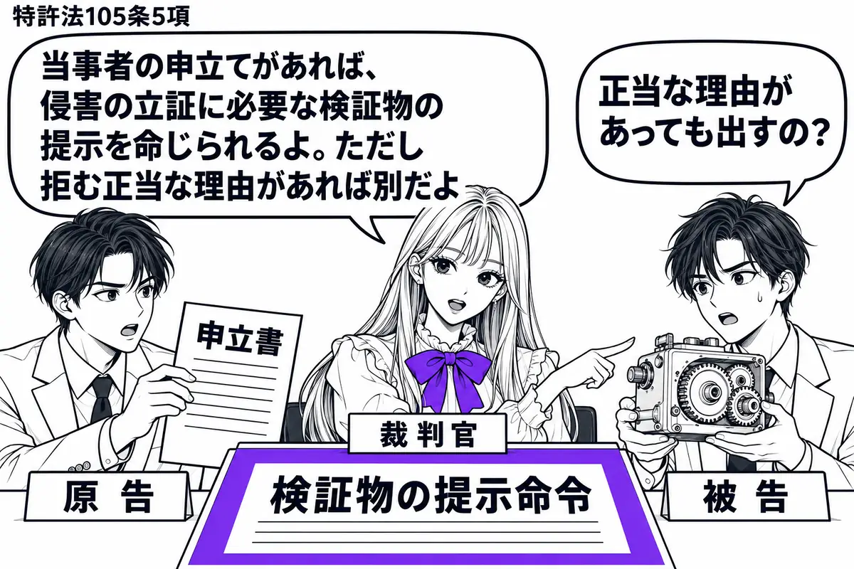 先生が裁判官役(札「裁判官」)で中央の法壇。左に申立書を差し出す原告(札「原告」)、右に検証対象の機械を持つ被告(札「被告」)。先生の机の「検証物の提示命令」の書面をヴァイオレットの枠で囲み、先生は機械を指している。先生の吹き出し「当事者の