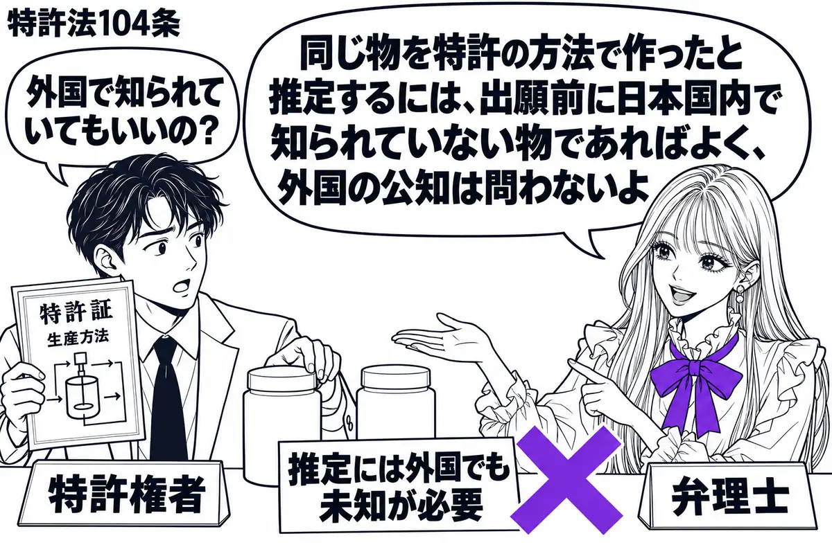 先生が弁理士役(札「弁理士」)で机の右。左の特許権者(札「特許権者」)が、生産方法の特許証と同じ形の製品二つを並べている。製品のそばに「推定には外国でも未知が必要」の付箋を置き、大きなヴァイオレットの×印を付ける。先生の吹き出し「同じ物を特