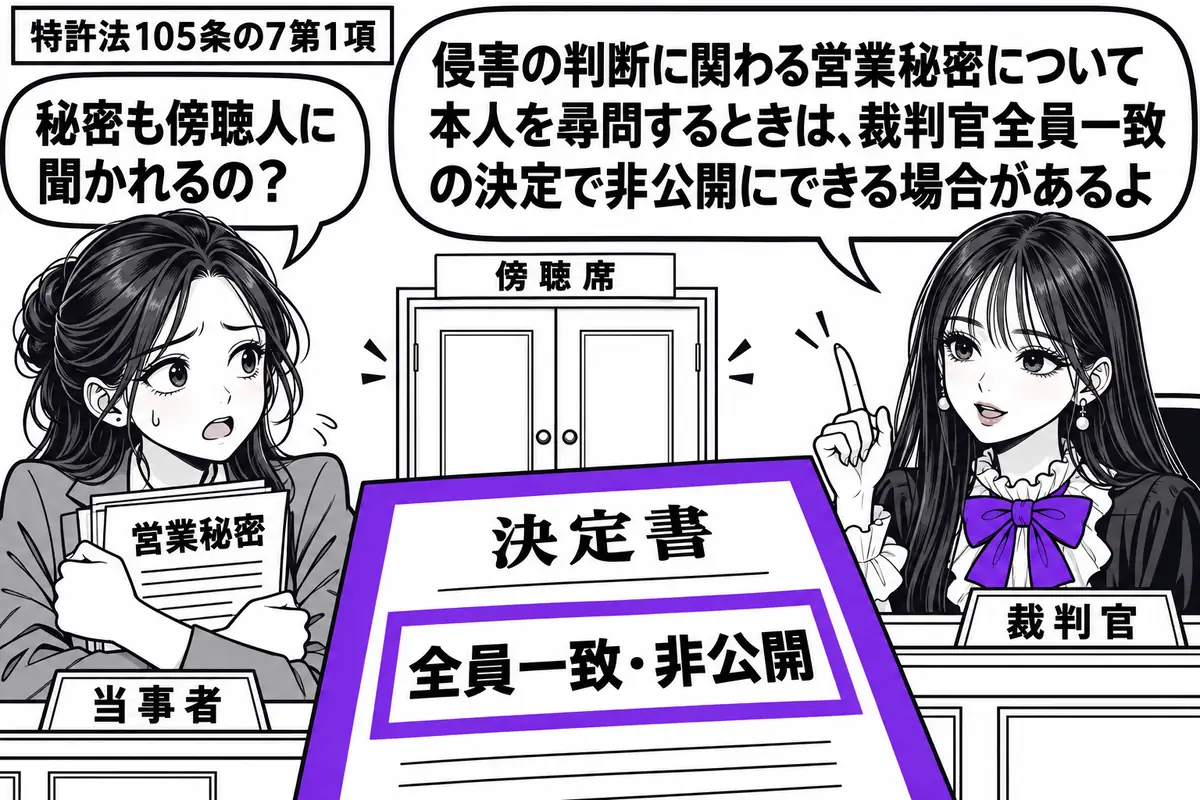 先生が裁判官役(札「裁判官」)で右の法壇。左に営業秘密の資料を抱えて尋問席に座る当事者(札「当事者」)。背後の傍聴席へ通じる扉は閉まり、机の決定書にある「全員一致・非公開」をヴァイオレットの枠で囲む。先生の吹き出し「侵害の判断に関わる営業秘