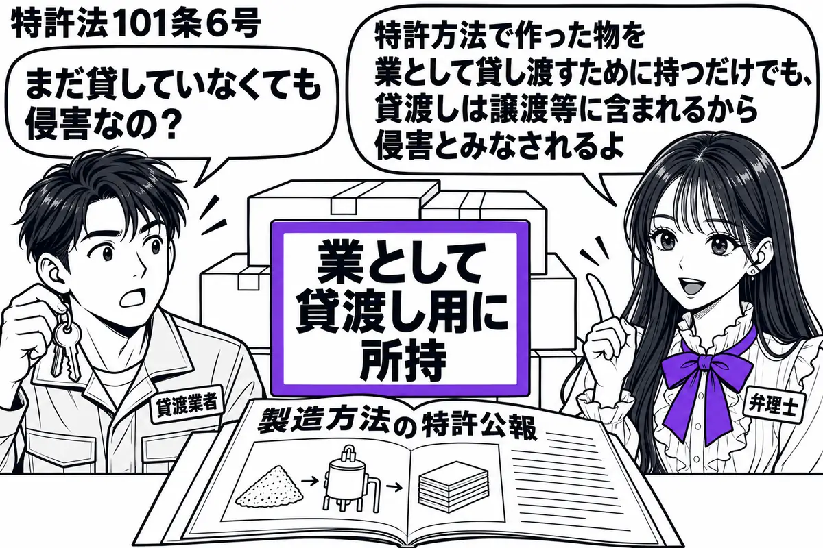 先生が右で弁理士役(札「弁理士」)。左に倉庫の鍵を持つ男性(札「貸渡業者」)。中央に特許方法で作った製品の箱を積み、机に製造方法の特許公報を開く。箱に付けた「業として貸渡し用に所持」の札をヴァイオレットの枠で囲む。先生の吹き出し「特許方法で
