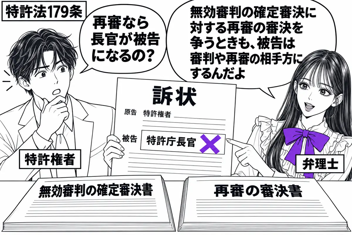 先生が右の机で弁理士役（札「弁理士」）。左に訴状を持つ男性（札「特許権者」）。机に無効審判の確定審決書と再審の審決書を並べる。訴状の被告欄に置かれた「特許庁長官」の付箋にヴァイオレットの×印を付け、先生が被告欄を指す。先生の吹き出し「無効審