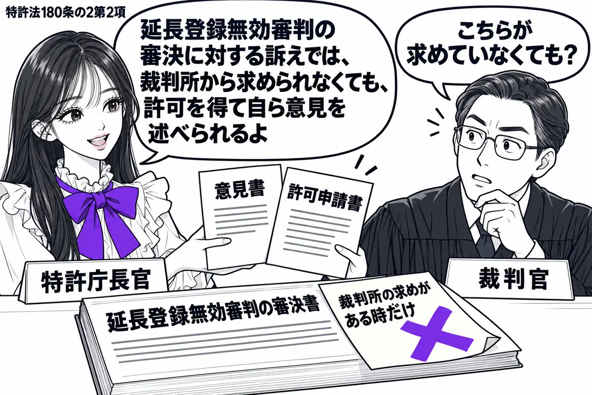 先生が特許庁長官役（札「特許庁長官」）で左。右の裁判官（札「裁判官」）へ意見書と許可を求める書面を差し出す。机には延長登録無効審判の審決書があり、その上の「裁判所の求めがある時だけ」の付箋にヴァイオレットの×印。先生の吹き出し「延長登録無効