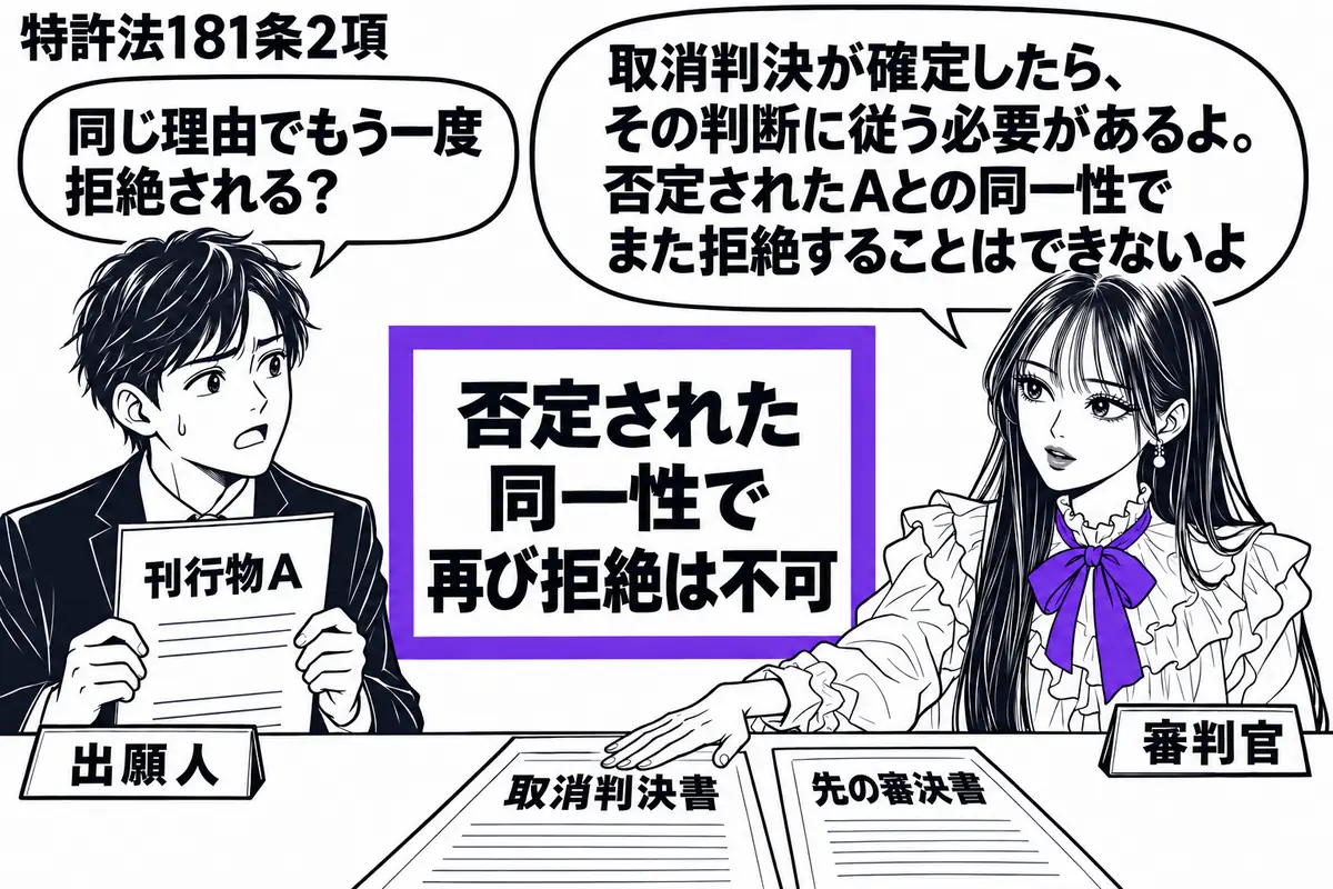 先生が右の審理机で審判官役（札「審判官」）。左に刊行物Ａを持つ男性（札「出願人」）。机に取消判決書と先の審決書を並べ、先生が判決書を押さえる。中央の付箋「否定された同一性で再び拒絶は不可」をヴァイオレットの枠で囲む。先生の吹き出し「取消判決