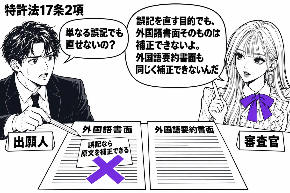 先生が右の窓口で審査官役(札「審査官」)。左に鉛筆を持つ男性(札「出願人」)。机に外国語書面と外国語要約書面を置き、男性が原文の誤記に鉛筆を向ける。原文に貼った「誤記なら原文を補正できる」の付箋にヴァイオレットの×印。先生の吹き出し「誤記を