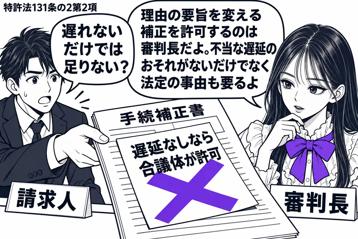 先生が審判長役（札「審判長」）で右側。左に男性（札「請求人」）が理由を追加した手続補正書を差し出す。書類に貼られた「遅延なしなら合議体が許可」の付箋にヴァイオレットの×印。先生は補正書を机に置き、条件を確かめる姿。先生の吹き出し「理由の要旨