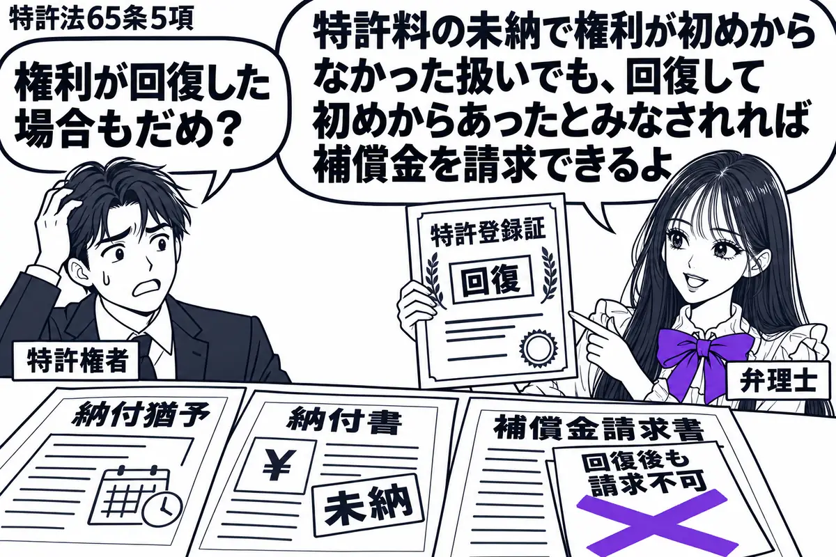先生が弁理士役(札「弁理士」)で右側。左に困り顔の男性(札「特許権者」)。机に納付猶予の書類と未納の納付書、回復した特許の登録証を並べる。補償金請求書に貼られた「回復後も請求不可」の付箋に大きなヴァイオレットの×印。先生が登録証を男性に見せ