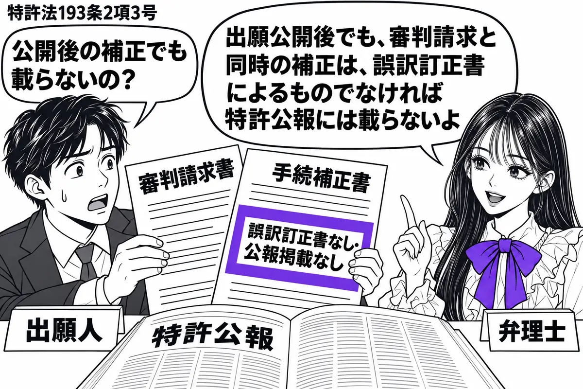 先生が右の机で弁理士役（札「弁理士」）。左の出願人（札「出願人」）が審判請求書と手続補正書を重ねて差し出す。机に開いた特許公報を置き、補正書の付箋「誤訳訂正書なし・公報掲載なし」をヴァイオレットの枠で囲む。先生の吹き出し「出願公開後でも、審