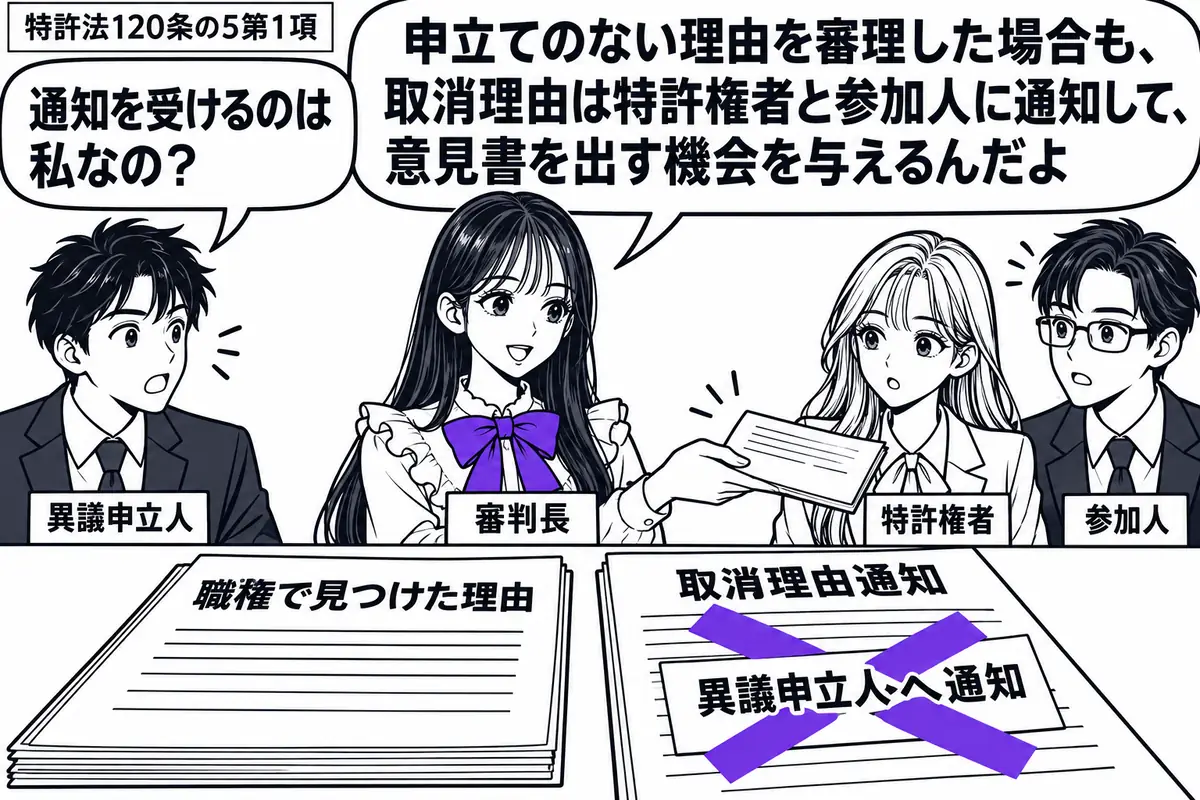 先生が審判長役(札「審判長」)で中央。左に男性(札「異議申立人」)、右に女性(札「特許権者」)と男性(札「参加人」)。机に職権で見つけた理由の資料と取消理由通知。通知に貼られた「異議申立人へ通知」の付箋にヴァイオレットの×印。先生は右の二人