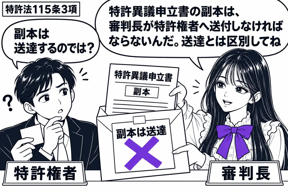 先生が右の机で審判長役(札「審判長」)。左の特許権者(札「特許権者」)に向け、特許異議申立書の副本を封筒に入れて差し出す。封筒に貼られた「副本は送達」の付箋だけに、大きなヴァイオレットの×印。特許権者は付箋を見て首をかしげる。先生の吹き出し