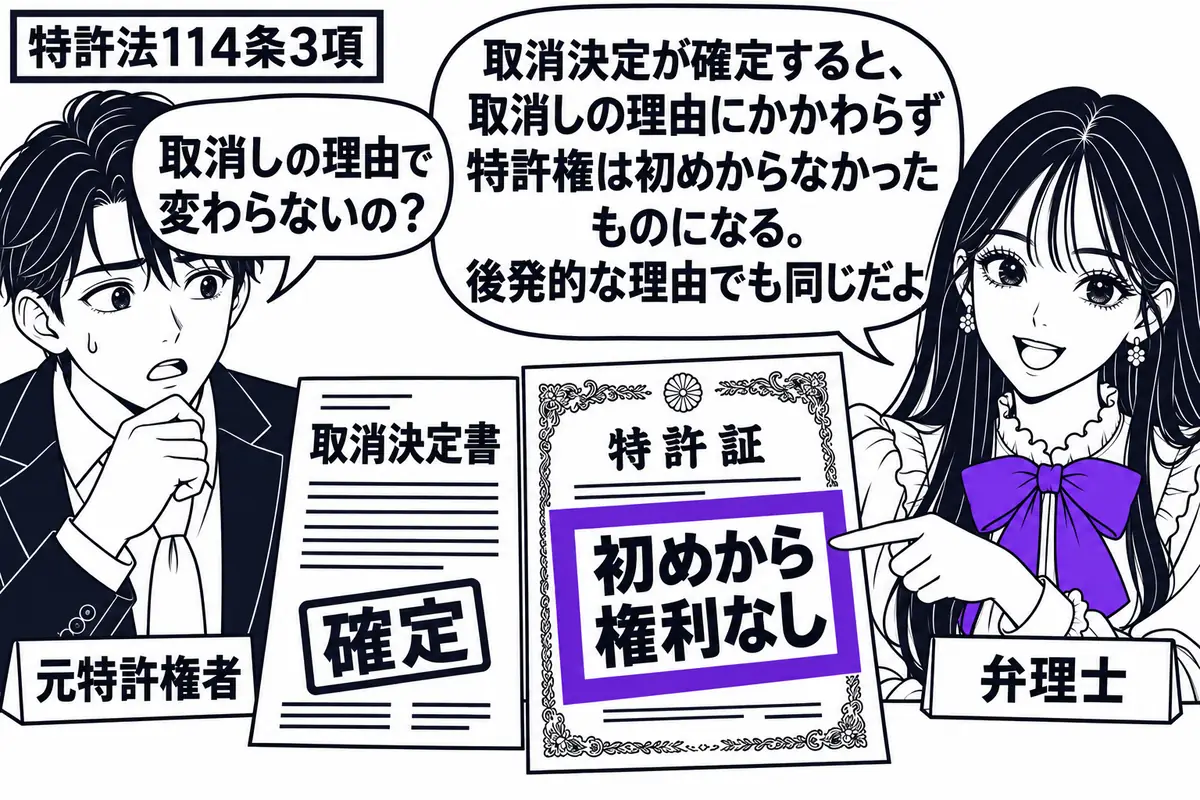 先生が右の相談机で弁理士役(札「弁理士」)。左の元特許権者(札「元特許権者」)が、確定した取消決定書と特許証を机に並べる。先生は特許証に添えた「初めから権利なし」の札を指し、その札をヴァイオレットの枠で囲む。先生の吹き出し「取消決定が確定す