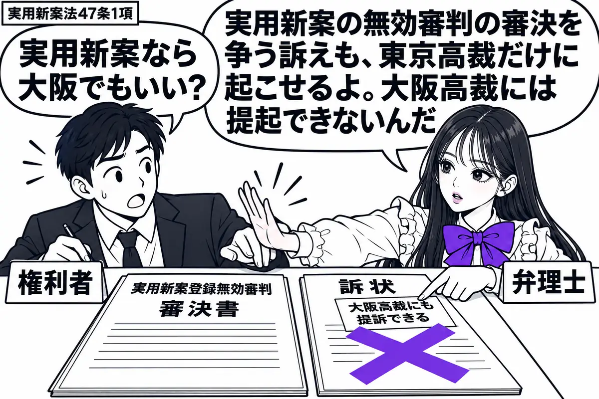 先生が弁理士役(札「弁理士」)で机の右。左の男性(札「権利者」)が「実用新案登録無効審判」の審決書と訴状を広げ、提出先を選ぼうとしている。訴状に貼った「大阪高裁にも提訴できる」の付箋に大きなヴァイオレットの×印。先生は付箋を指し、男性の手を