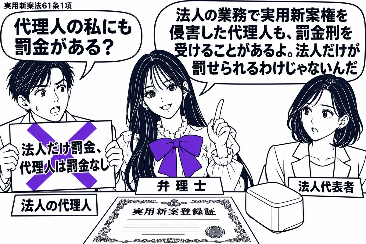 先生が弁理士役(札「弁理士」)で中央。左に男性(札「法人の代理人」)、右に女性(札「法人代表者」)が並び、机に実用新案登録証と侵害品の模型を置いている。代理人が持つ「法人だけ罰金、代理人は罰金なし」の付箋に大きなヴァイオレットの×印。先生の
