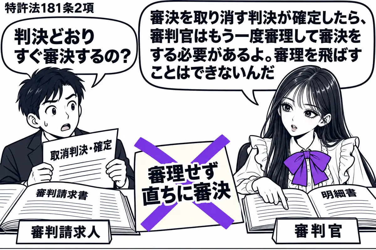 先生が審判官役(札「審判官」)で右の審理机に座る。左の男性(札「審判請求人」)が「取消判決・確定」の書類を持ち、机には審判請求書と明細書が開かれている。「審理せず直ちに審決」の付箋に大きなヴァイオレットの×印。先生は明細書へ手を伸ばし、再び