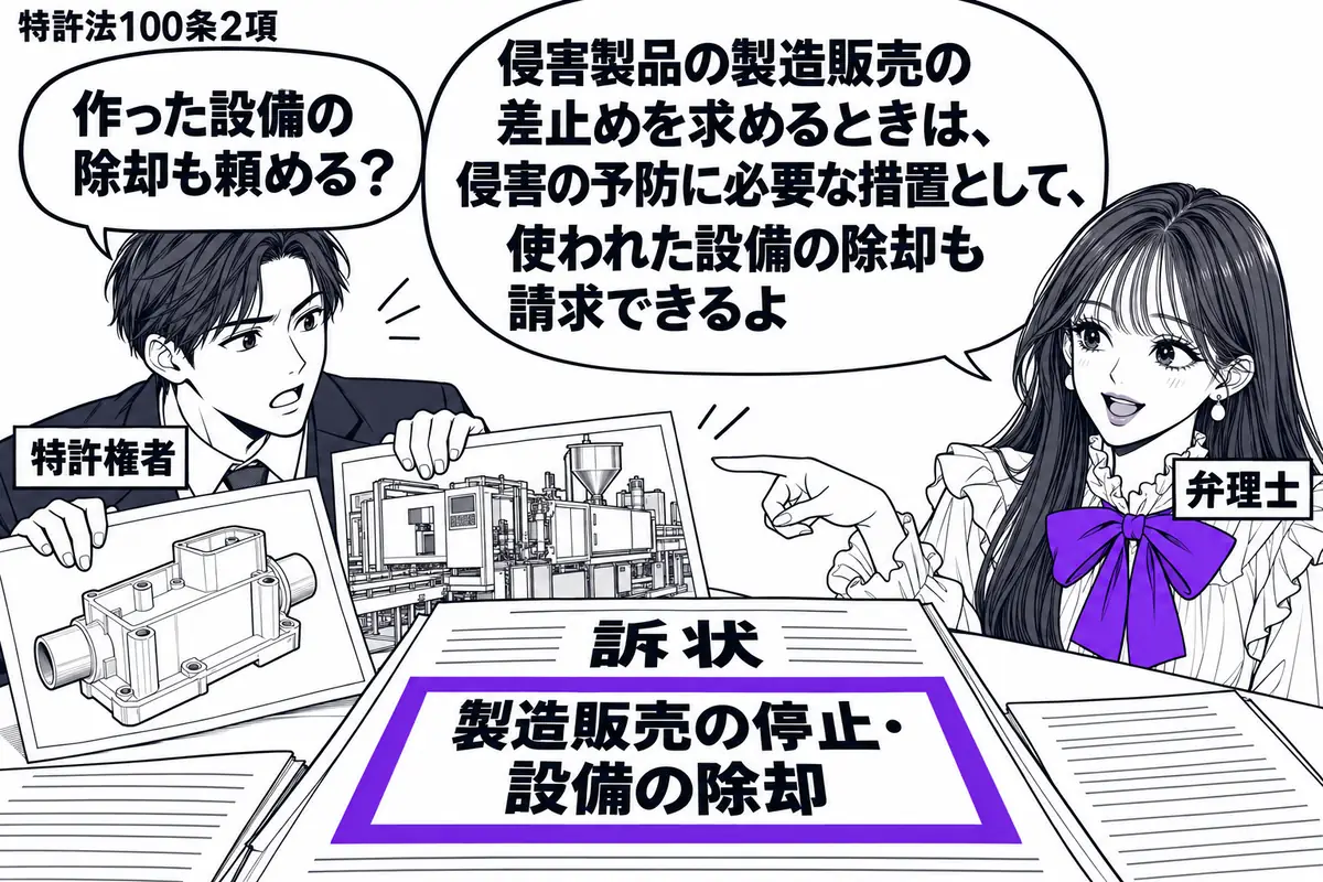 先生が弁理士役(札「弁理士」)で右側。左の男性(札「特許権者」)が侵害製品と製造設備の写真を机に広げる。中央の訴状にある「製造販売の停止・設備の除却」の請求欄をまとめてヴァイオレットの枠で囲み、先生が写真を指す。先生の吹き出し「侵害製品の製