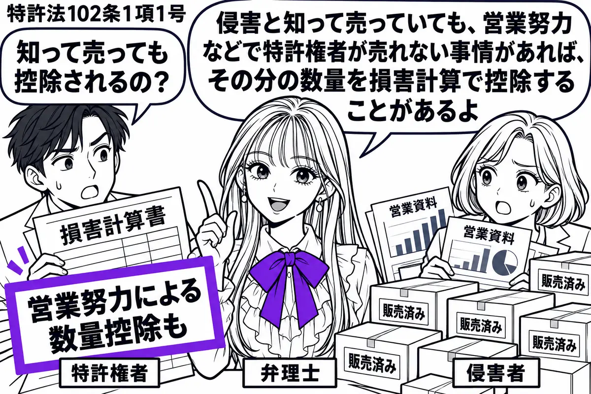 先生が弁理士役(札「弁理士」)で中央。左の男性(札「特許権者」)が損害計算書を持ち、右の女性(札「侵害者」)の前には大量の販売済み製品の箱と営業資料。計算書の「営業努力による数量控除も」の付箋をヴァイオレットの枠で囲む。先生の吹き出し「侵害