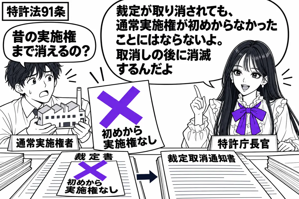 先生が右の机で説明する特許庁長官役(札「特許庁長官」)。左に工場の模型を抱える男性(札「通常実施権者」)。机に裁定書と裁定取消通知書を時の順に並べ、裁定書に付けた付箋「初めから実施権なし」に大きなヴァイオレットの×印。先生の吹き出し「裁定が