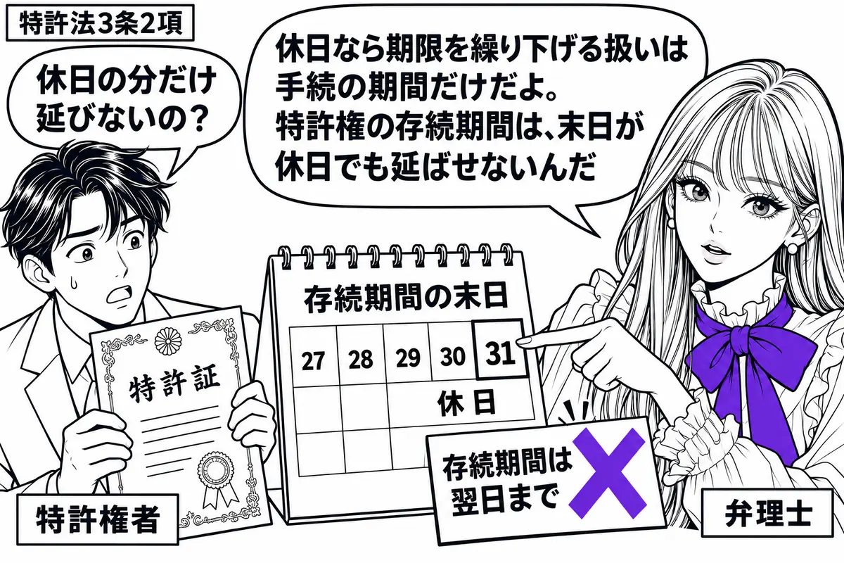 先生が弁理士役(札「弁理士」)で右に立つ。左の男性(札「特許権者」)が、特許証と存続期間の末日を記した卓上カレンダーを見比べる。休日の末日の隣に貼った「存続期間は翌日まで」の付箋に、ヴァイオレットの×印。先生は元の末日を指す。先生の吹き出し