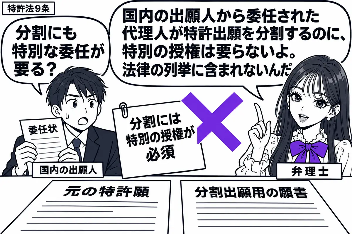 先生が代理人役(札「弁理士」)で右に立つ。左の男性(札「国内の出願人」)が委任状を持ち、机には元の特許願と分割出願用の願書が並ぶ。男性が添えた「分割には特別の授権が必須」の付箋にヴァイオレットの×印。先生の吹き出し「国内の出願人から委任され