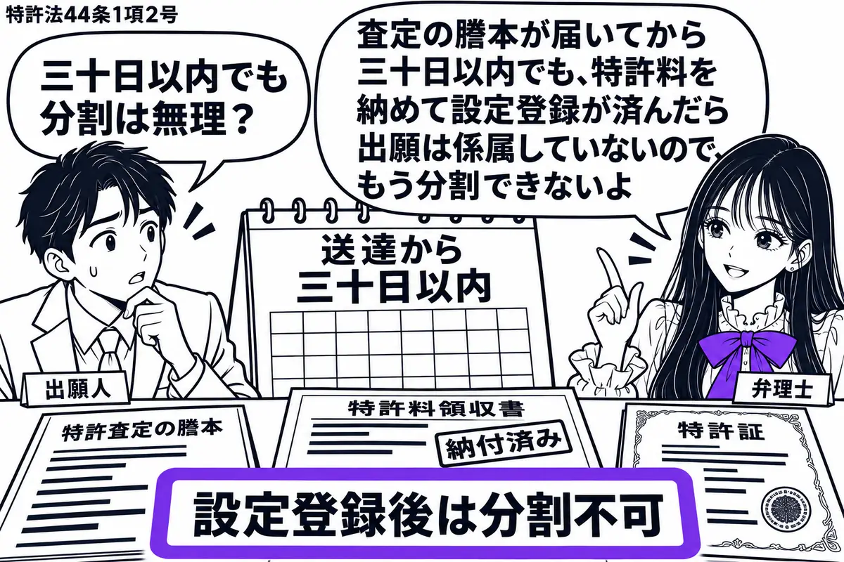 先生が弁理士役(札「弁理士」)で右に立つ。左の男性(札「出願人」)が特許査定の謄本と特許証を机に置く。送達から三十日以内のカレンダーの前に、納付済みの特許料領収書。「設定登録後は分割不可」の付箋をヴァイオレットの枠で囲む。先生の吹き出し「査