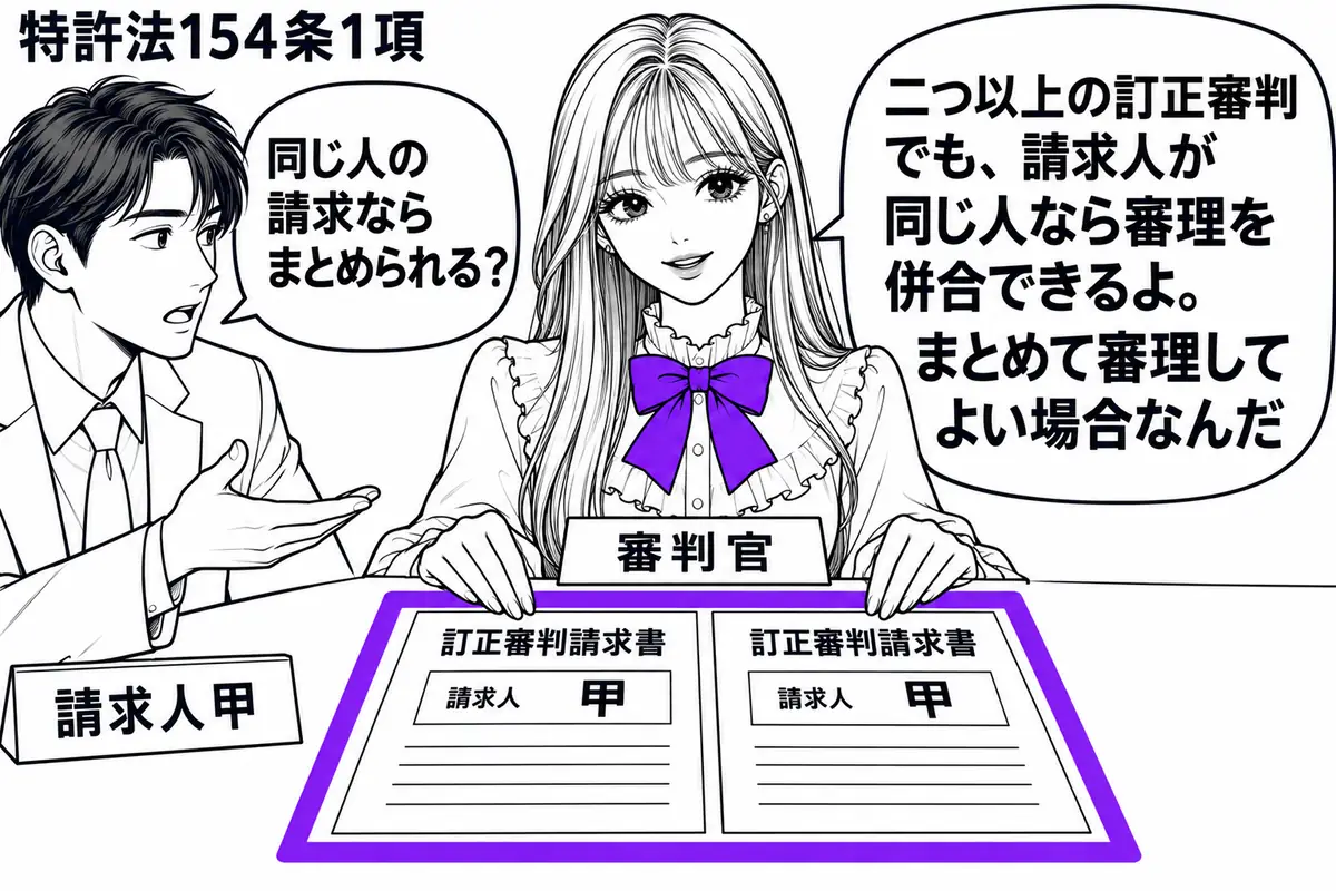 先生が中央の審判机に座る（札「審判官」）。左の男性（札「請求人甲」）が二つの訂正審判請求書を差し出す。どちらの請求人欄にも「甲」とあり、先生が二つの事件の書類を一緒に広げる。両方の書類を一つのヴァイオレットの枠で囲む。先生の吹き出し「二つ以