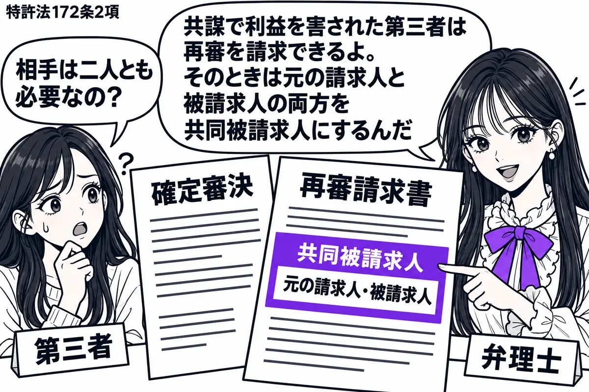 先生が弁理士役（札「弁理士」）で右の机に立つ。左に共謀で害された第三者（札「第三者」）、中央に確定審決と再審請求書を置く。再審請求書の「共同被請求人」の欄に「元の請求人・被請求人」と並べ、その欄を一つのヴァイオレットの枠で囲む。先生の吹き出