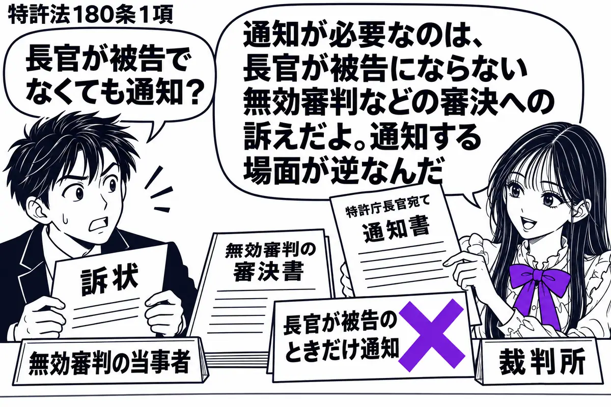 先生が右の窓口にいる裁判所役（札「裁判所」）。左に訴状を持つ男性（札「無効審判の当事者」）。机に無効審判の審決書と特許庁長官宛ての通知書を置き、「長官が被告のときだけ通知」の付箋にヴァイオレットの×印。先生は通知書を手に取る。先生の吹き出し