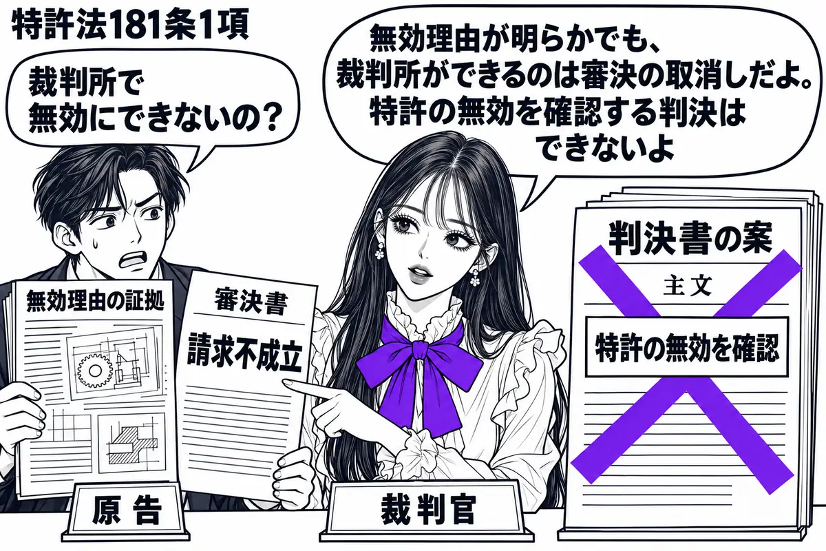 先生が中央の法廷にいる裁判官役（札「裁判官」）。左の男性（札「原告」）が無効理由の証拠と請求不成立の審決書を差し出す。右の机に判決書の案を置き、主文の「特許の無効を確認」に大きなヴァイオレットの×印。先生は元の審決書を指している。先生の吹き