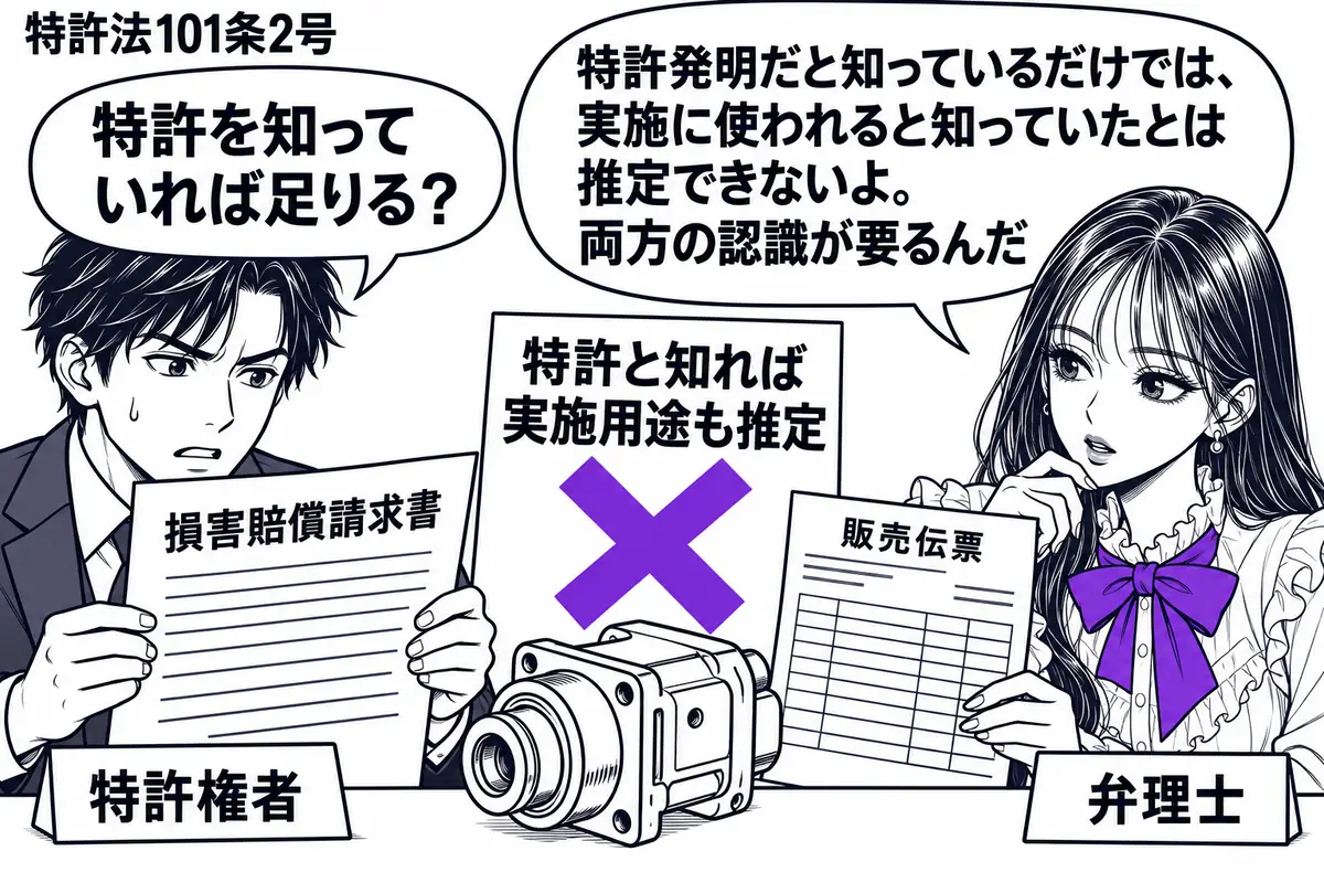 先生が右の相談机にいる弁理士役(札「弁理士」)。左の男性(札「特許権者」)が損害賠償請求書を広げる。中央に不可欠な部品の見本と販売伝票を置き、「特許と知れば実施用途も推定」の付箋にヴァイオレットの×印。先生は部品と伝票を見比べる。先生の吹き