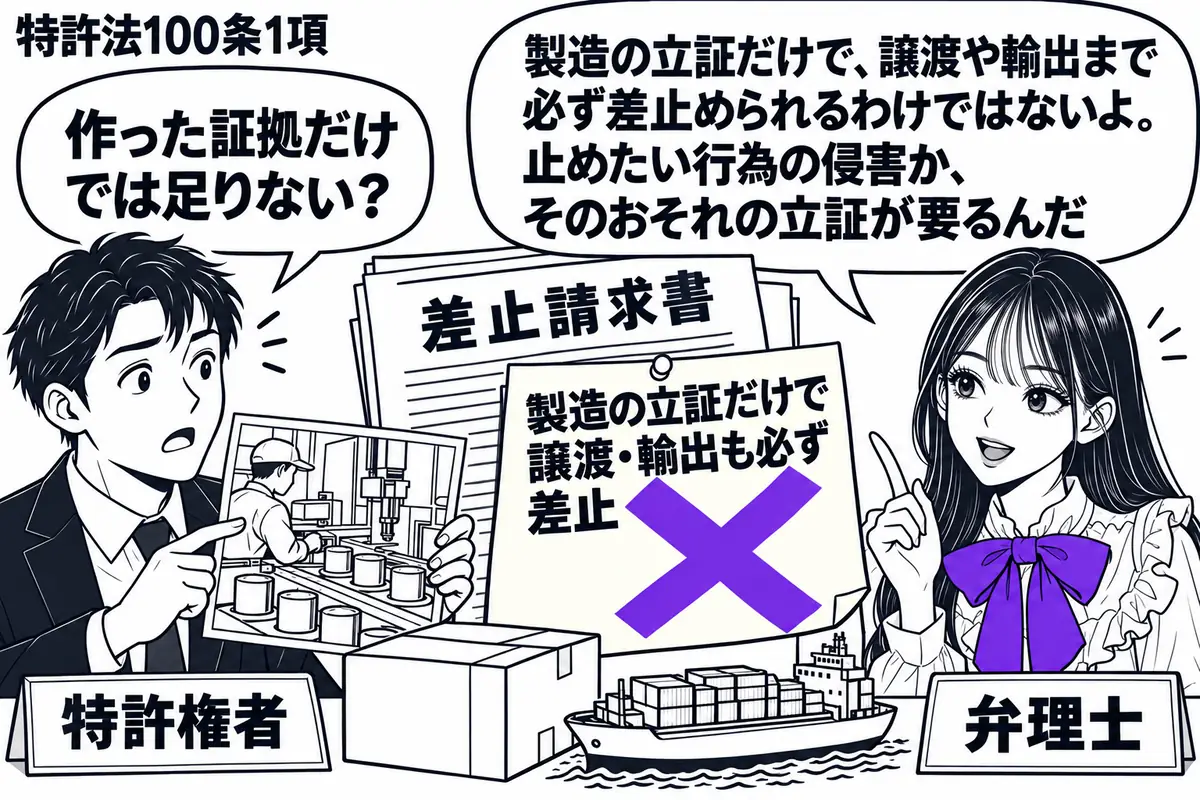 先生が右の相談机にいる弁理士役(札「弁理士」)。左の男性(札「特許権者」)が侵害品の製造写真を示す。中央に差止請求書、横に出荷箱と船の模型を置き、「製造の立証だけで譲渡・輸出も必ず差止」の付箋にヴァイオレットの×印。先生の吹き出し「製造の立