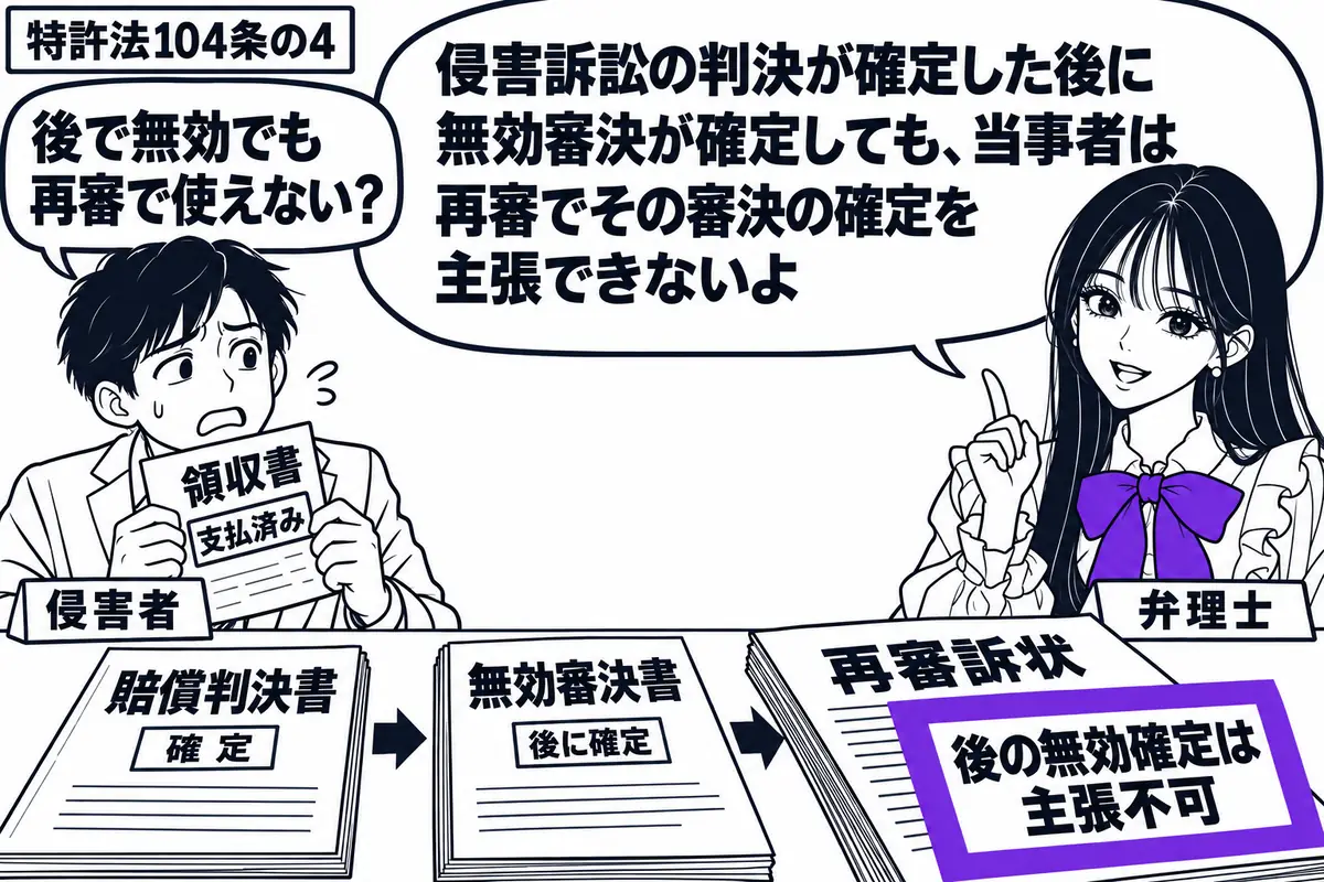 先生が右の相談机にいる弁理士役(札「弁理士」)。左の男性(札「侵害者」)が支払済みの領収書を持つ。机に確定した賠償判決書、その右に後から確定した無効審決書を並べる。再審訴状に添えた「後の無効確定は主張不可」の付箋をヴァイオレットの枠で囲む。