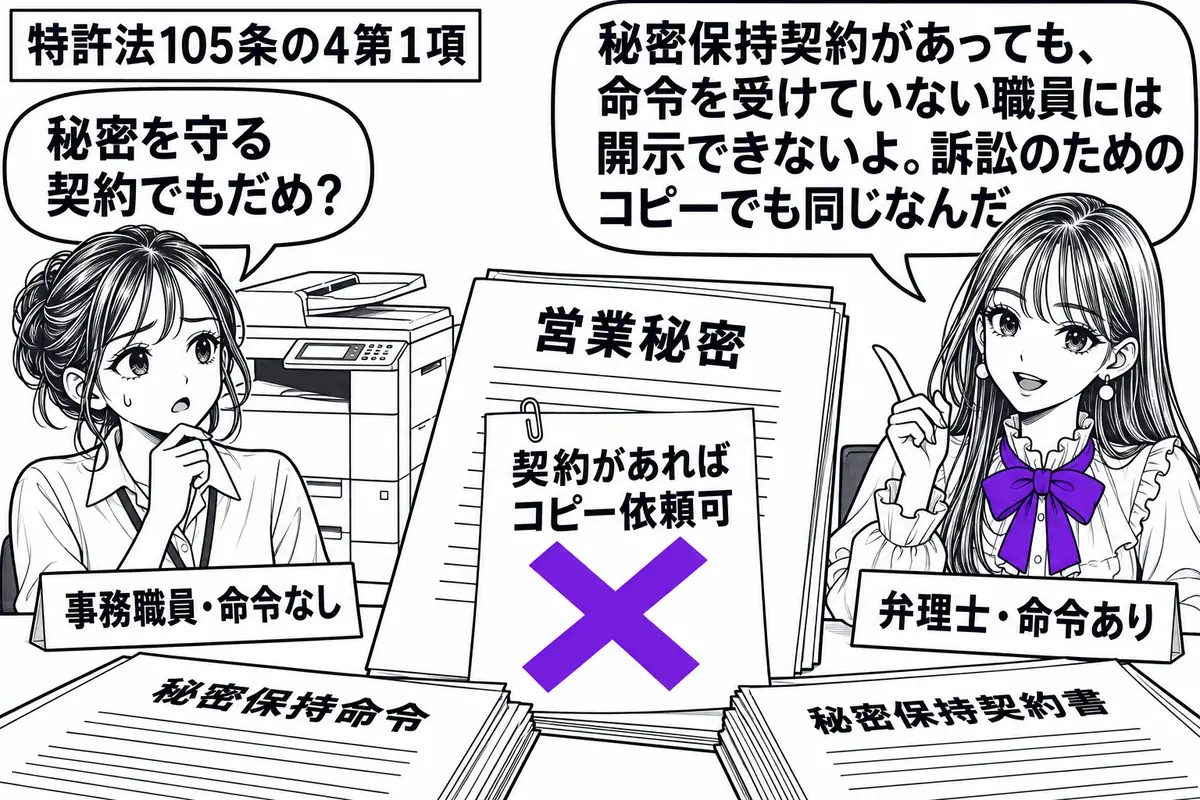 先生が右の机にいる訴訟代理人役(札「弁理士・命令あり」)。左にコピー機の前で待つ女性(札「事務職員・命令なし」)。机に秘密保持命令と秘密保持契約書を置く。営業秘密の書面に貼った「契約があればコピー依頼可」の付箋にヴァイオレットの×印。先生の