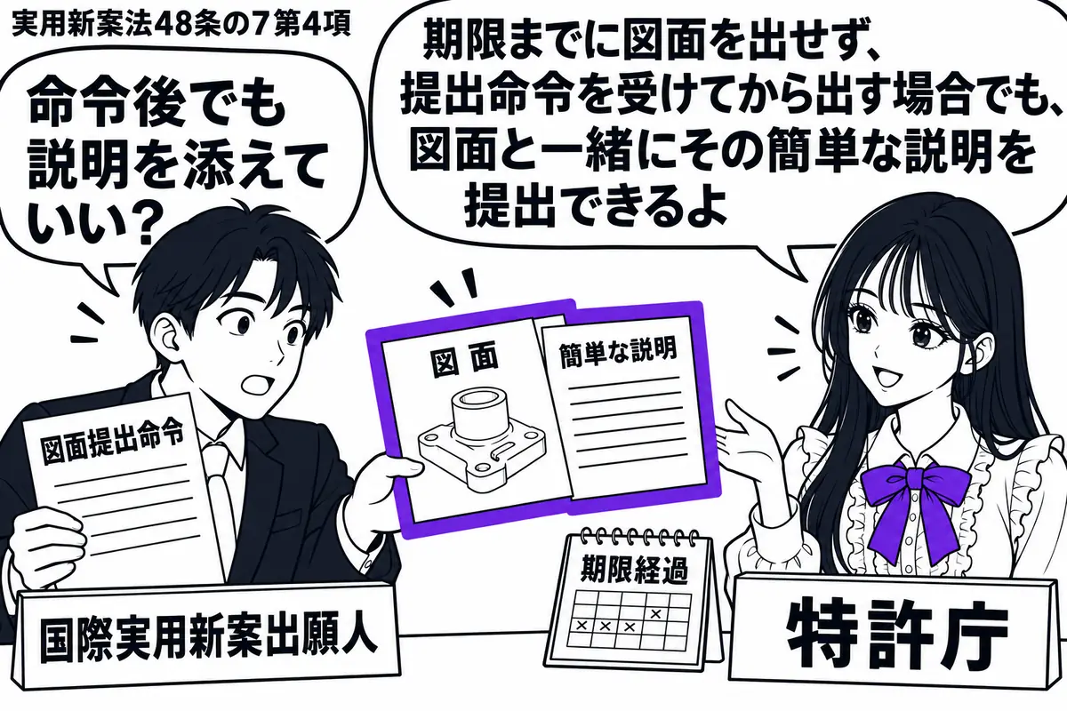 先生が右の受付机に座る(札「特許庁」)。左の男性(札「国際実用新案出願人」)が図面提出命令を持つ。机に期限を過ぎたカレンダーを置き、男性が図面と簡単な説明を重ねて差し出す。提出する二枚を一つのヴァイオレットの枠で囲む。先生の吹き出し「期限ま