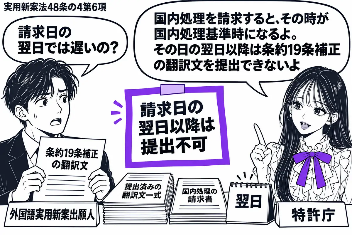 先生が右の受付机に立つ(札「特許庁」)。左の男性(札「外国語実用新案出願人」)が条約19条補正の翻訳文を持つ。机に提出済みの翻訳文一式と国内処理の請求書、翌日へめくったカレンダー。付箋「請求日の翌日以降は提出不可」をヴァイオレットの枠で囲む