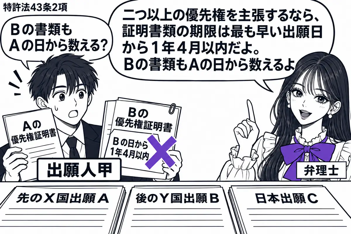 先生が弁理士役(札「弁理士」)で右。左に二組の優先権証明書を持つ男性(札「出願人甲」)。机に先のX国出願A、後のY国出願B、日本出願Cの願書を順に置く。Bの証明書の付箋「Bの日から1年4月以内」にヴァイオレットの×印。先生の吹き出し「二つ以