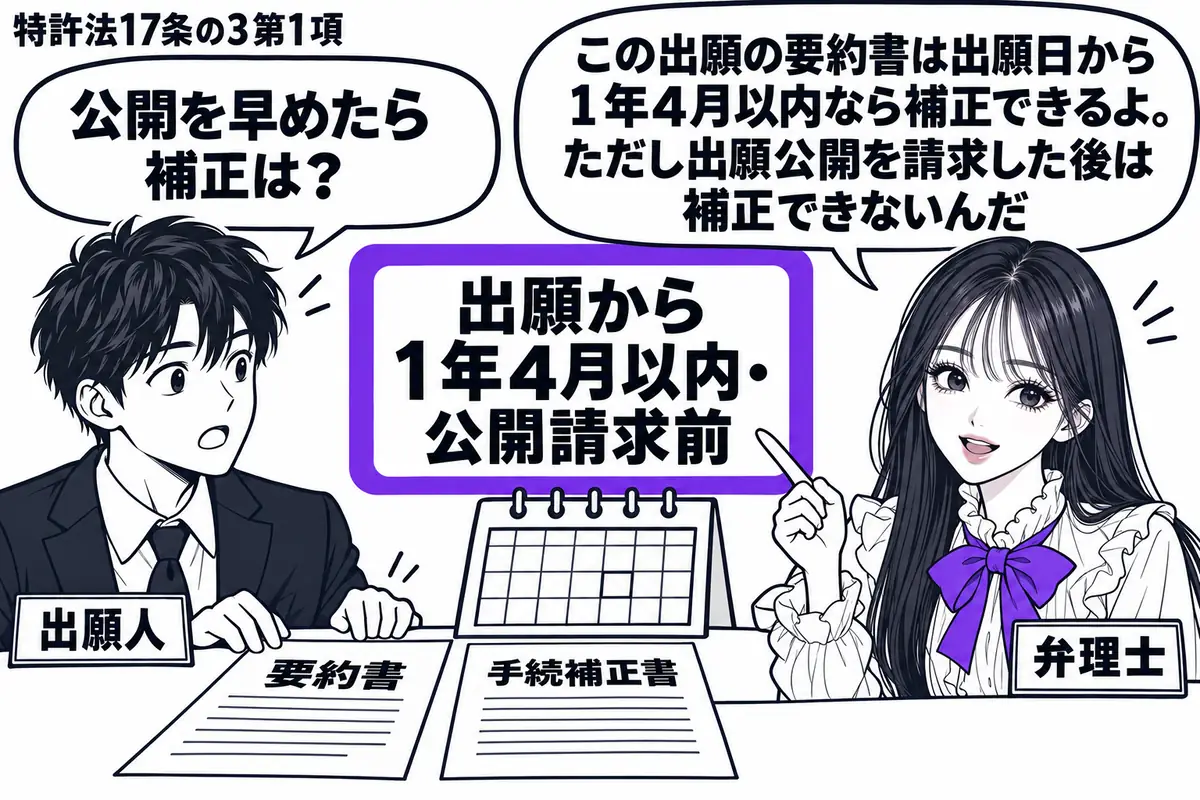 先生が右で弁理士役(札「弁理士」)。左の男性(札「出願人」)が要約書と手続補正書を机に置く。中央の暦に添えた「出願から1年4月以内・公開請求前」の札をヴァイオレットの枠で囲み、先生が指す。先生の吹き出し「この出願の要約書は出願日から1年4月